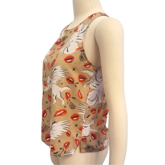 LAS SURENAS Wolf Kisses Amore Lip Print Linen Sleeveless Top Camisole Blouse NEW - Picture 10 of 15